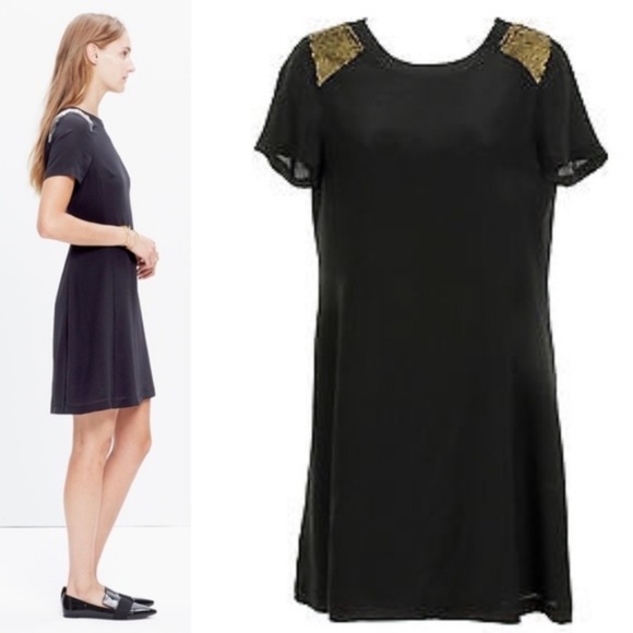 Madewell Medal Sequin Yoke Dress Black Tie Metalli - Picture 2 of 8